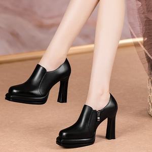 Women's <b>Black</b> High Heels Elegant Office Zipper Genuine Leather Waterproof <b>Shoes</b> with Anti-Slip New Style Fashion <b>Evening</b> Gowns - Product Image 3