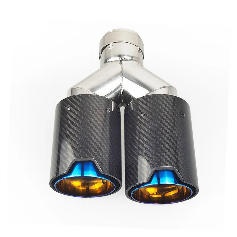Silenciador de tubo de escape para coche, accesorio decorativo de fibra de carbono, doble punta, color azul quemado, rendimiento m