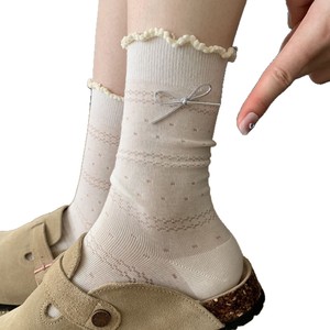 ถุงเท้ายาวครึ่งน่องระบายอากาศได้ดีสำหรับผู้หญิง แต่งขอบลูกไม้โบว์หวานสไตล์ญี่ปุ่น สีพื้น ผลิตจากเส้นใยโพลีเอสเตอร์ สำหรับวัยรุ่น - Product Image 4