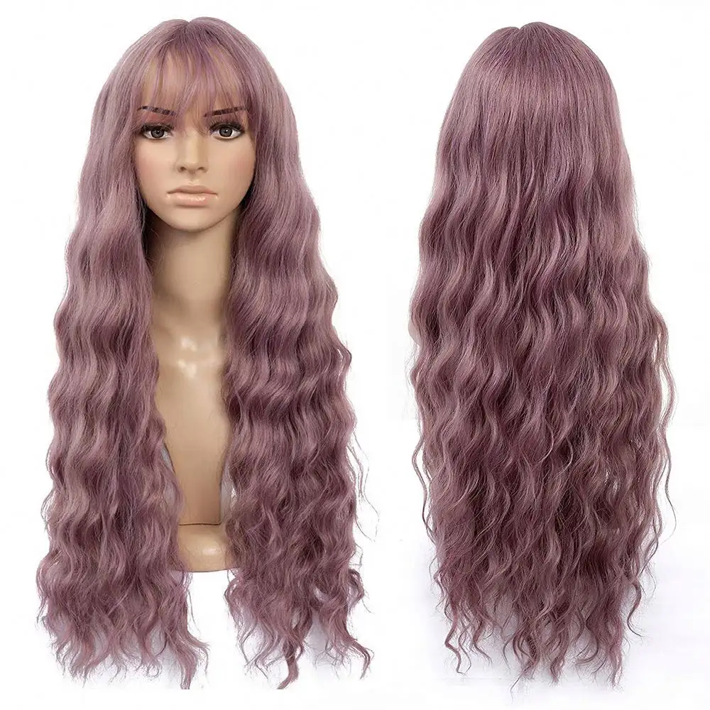 Long Pink Wigs with Bangs Water Wave Heat Resistant Wavy Hair Synthetic Wig for Women African American Lolita Cosplay