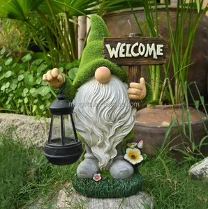 Estatua de Gnomo de Resina con Cartel de Bienvenida, Decoración de Jardín, Estatuilla de Gnomo de Resina Flocado Grande, Estatua de Enano con Linterna