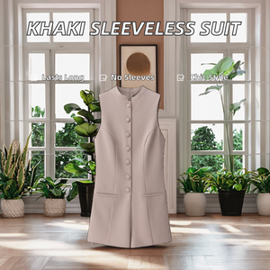 Mono Elegante de una Pieza para Mujer, Cuello Redondo, Botones, Sin Mangas, Color Caqui, Casual, Veraniego, Transpirable, Sólido, hasta la Rodilla, 100% Poliéster - Product Image 2