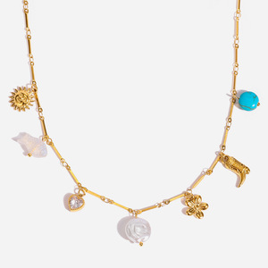 Collar de acero inoxidable con colgante de flor, corazón y turquesa para mujer, regalo, joyería, accesorio de moda - Product Image 1