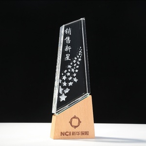 Trophée en bois profondément sculpté avec logo personnalisé, trophée en cristal, gravure unidirectionnelle sur bois, trophées en cristal transparent massif - Product Image 3