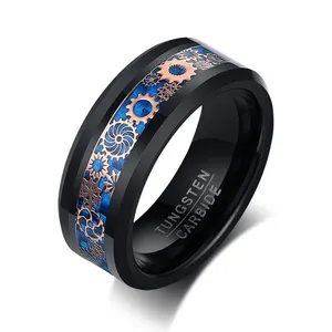 New Arrival Fashion Blue Carbon Fiber Wedding Band Man Black 8mm Tungsten Carbide Gear Pattern Ring