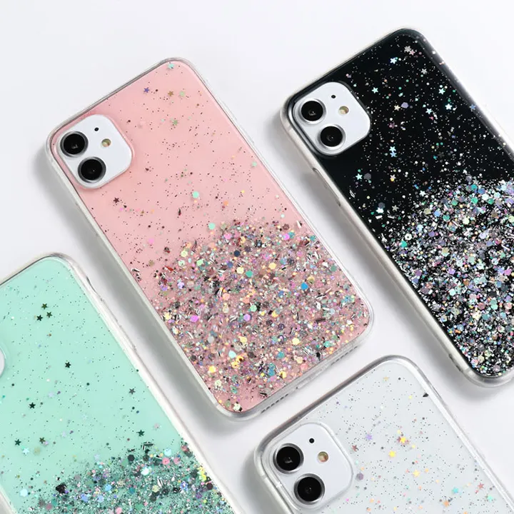 เคสโทรศัพท์สีชมพูแวววาวใสสำหรับ iPhone 7 8 PLUS X 11 12 13 14 Star Bling สำหรับ iPhone 15 Pro เคสกลิตเตอร์สีชมพู