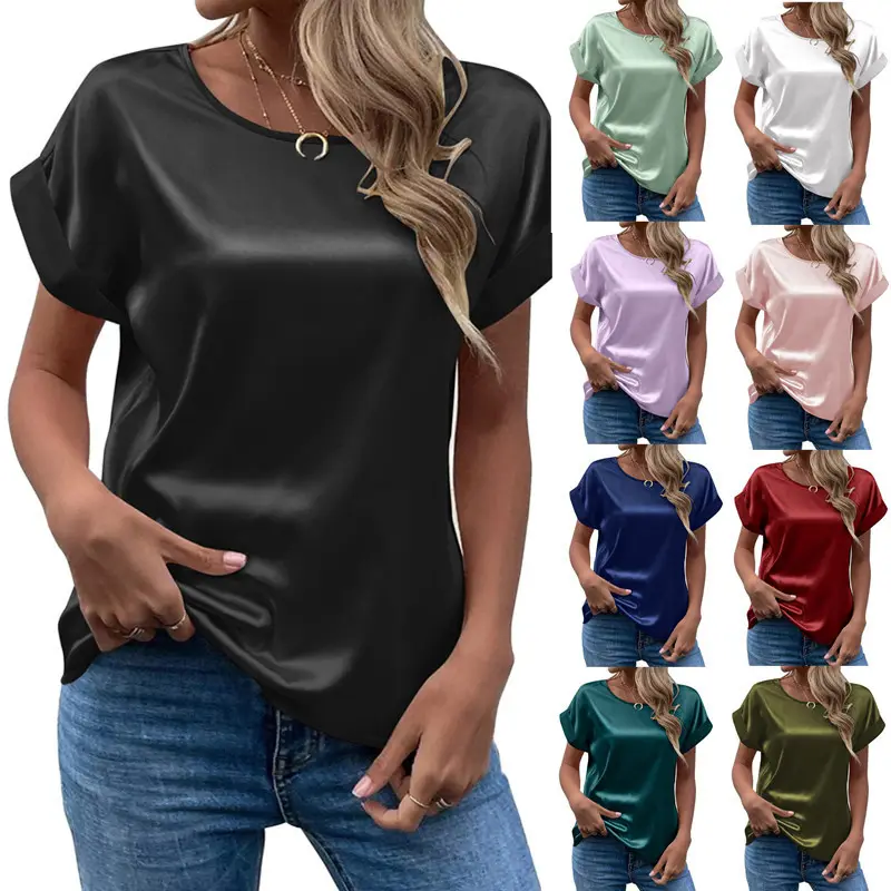 Женская атласная блузка с коротким рукавом, свободная повседневная Однотонная рубашка с круглым вырезом, модные 2024 летние элегантные топы, женская одежда