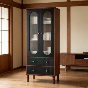 Mid Century Modern Wood Living Room Cabinet With Glass Doors And 2 <b>Drawers</b> <b>Storage</b> Unit <b>For</b> Home Furniture - Product Image 2