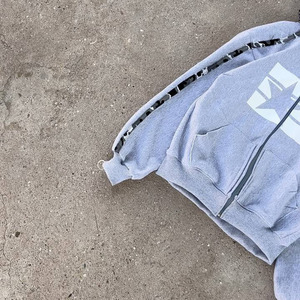 Sweat à capuche zippé intégral en molleton épais gris chiné pour homme, coupe ample, avec motif étoile et bande latérale camouflage contrastante, sur mesure - Product Image 4
