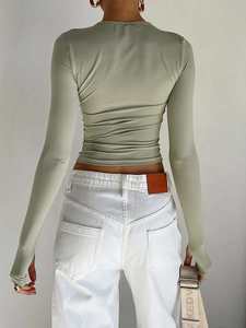 T-shirt à manches longues pour femmes col rond solide coupe ajustée haut court avec trous pour les pouces Streetwear - Product Image 5