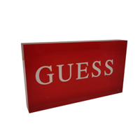 Blocs publicitaires personnalisés en acrylique rouge avec logo de marque DNY et lettres blanches, fabriqués à Guangdong