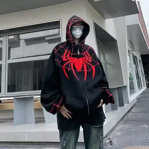 Autumn Streetwear Fashion Spider Embroidered Hoodies Unisex Custom Heavyweight Full Zip Up Hoodies