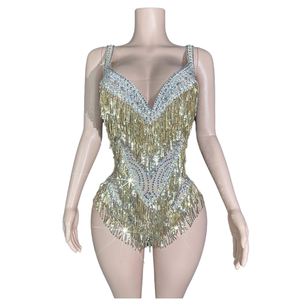 Body de Lentejuelas Brillantes con Flecos para Mujer, Atuendo Sexy Transparente para Fiesta, Disfraz de Baile, Ropa de Escenario para Cantantes y Bailarinas - Product Image 1
