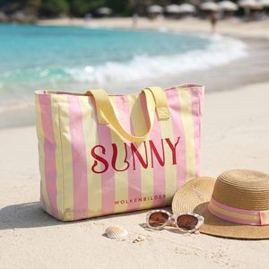 Bolsa de Playa de Lona de Algodón con Diseño a Rayas, Impresión Digital Personalizada <span class=keywords><strong>ECO</strong></span> GREEN, Gran Capacidad, con Cierre de Cremallera - Product Image 1