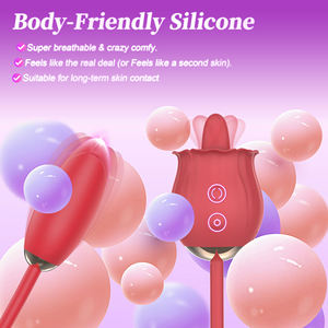 เครื่องนวดกระตุ้นจุดจีและคลิตอริสแบบสองหัวรูปดอกกุหลาบ พร้อมโหมดสั่นแบบเลีย ทำจากซิลิโคนเนื้อนุ่ม กันน้ำระดับ IPX7 ชาร์จผ่าน USB - Product Image 5