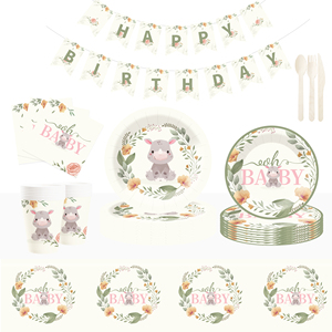 Juego de vajilla desechable DAMAI para fiesta de cumpleaños, platos de papel con diseño floral de conejitos para suministros de baby shower, para 8 personas. - Product Image 1