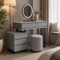 Ensemble coiffeuse deux pièces avec commode à 3 tiroirs, miroir LED, finition gris blanc brillant, table de toilette à fermeture douce pour chambre à coucher et décoration intérieure