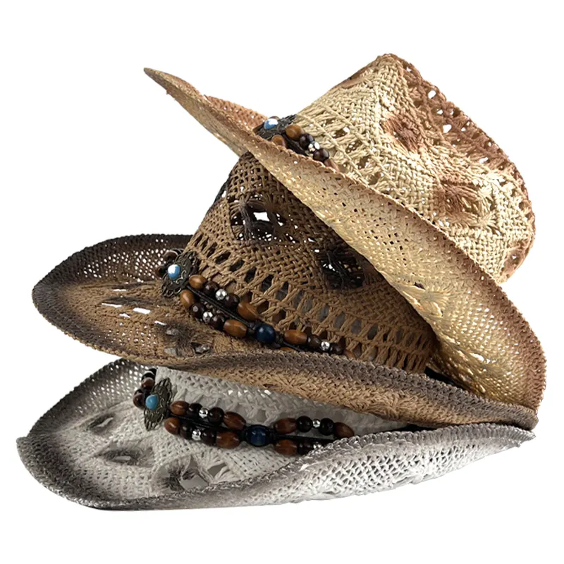 في الهواء الطلق الغربية قبعة كاو بوي المصنوعة من القش مضفر مع مالان زهرة الفيروز الشمس سترو قبعة الجوف خارج القش قبعة الشمس يندبروف حبل