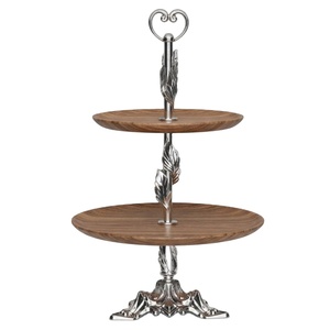 Luxury 2 Tier Mango Wood And Silver Finish Metal Cake Stand Decorative Floral Leaf Design <b>Dessert</b> Serving Display Holder On Sale - Product Image 1