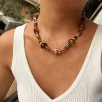 Collier tendance INS en résine marron et acier inoxydable avec perles, accessoire personnalisé pour femme, perles multicolores