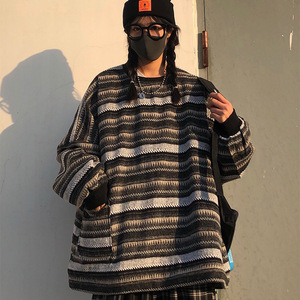 Mulheres Oversize Ulzzang BF Unisex Casais Japoneses Listrados Camisola De Malha Hip Hop Feminino Nova Moda Inverno Camisola Retro - Product Image 2