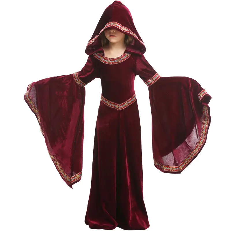 European Medieval Halloween Wine Red Vampire Children Kids Clothing Girls Party Vampire Witch Costumes