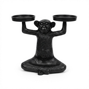 Portavelas Moderno de Estilo Monkey en Negro Mate |   Portavelas gótico Zen Yoga Ape |   Candelabro Navideño de Metal Negro con Mono Meditando - Product Image 1