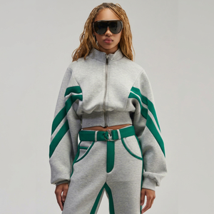 Chaqueta de cuero PU para mujer, color gris verde, con bloques de color, cortavientos, ligera, estilo racer, manga larga, cierre de cremallera, cuello alto. - Product Image 1