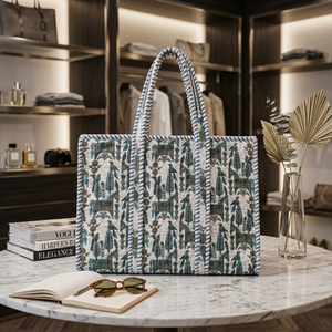 Large <b>Boho</b> Quilted Cotton Shoulder Tote <b>Bag</b> with Hand Block Print Floral Pattern-Reusable Beach & Winter Shopping <b>Bag</b> - Product Image 1