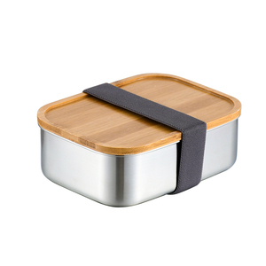 Japanese SUS304 18/8 Bento Stainless Steel Square Lunch Box Sushi Bread 2/3 Grid Box with Wooden Cover Eco-friendly Bamboo Lid