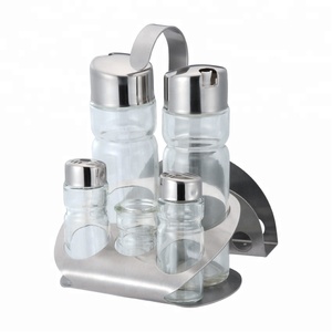 Modern 5-in-1 Stainless Steel Condiment Set Glass Oil <strong>Vinegar</strong> Dispenser with Salt Pepper <strong>Shaker</strong> for Restaurant and Home Dining - Product Image 1