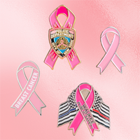 Vente en gros directe usine : Badges de revers en métal estampé, ruban rose de sensibilisation au cancer du sein, impression typographique argentée