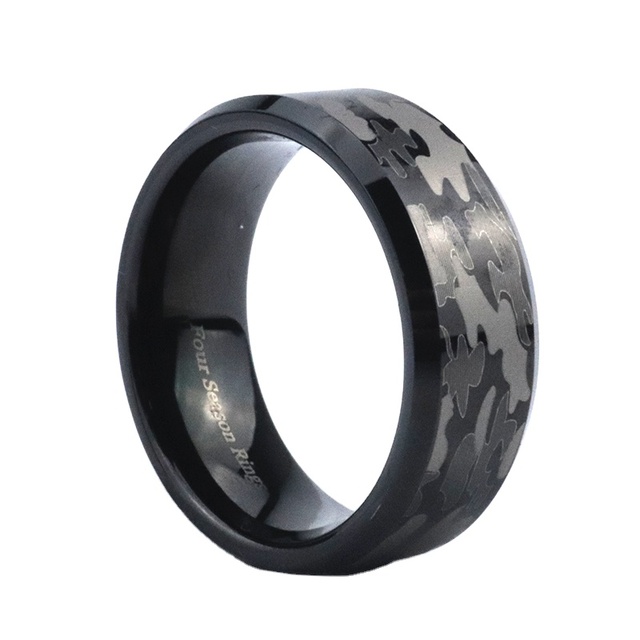 Poya 8mm Unique Flat Edge Digital Camouflage Black Tungsten Carbide Ring for Men