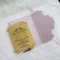 Mariage en acrylique avec miroir en or royal, carte de texte découpée au laser, invitation en feuille d'or avec enveloppes violettes