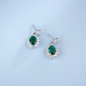 925 Silver Oval <b>Emerald</b> Halo Drop <b>Stud</b> <b>Earrings</b> - Product Image 5
