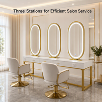Miroir de salon multi-stations LED ovale rétroéclairé avec commande tactile, poste de coiffure 3 places, finition blanc doré avec tiroirs