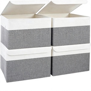 <b>Large</b> 22 Quart Linen Fabric Foldable Stackable Minimalist Storage <b>Bin</b> Flip-Top Lid Handles 4 Pack Gray White - Product Image 1