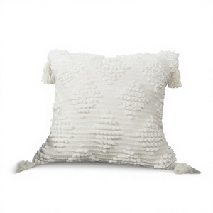Bohemian Knitted Cotton <b>Throw</b> Pillow Cover Square Solid <b>White</b> Tassel Decorative Cushion for Sofa Living Room - Product Image 1