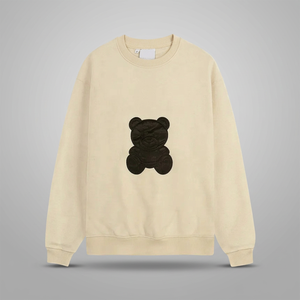 Beige Crew Neck Sweatshirt <b>Oversized</b> 100% Cotton Applique <b>Teddy</b> Bear Cartoon Pullover Unisex Casual - Product Image 2