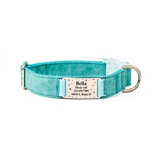 Ensemble collier et laisse personnalisés en cuir suédé pour animaux de compagnie, collier pour chat Aqua personnalisé avec étiquette nominative en métal gravée et clochette offerte - Product Image 1