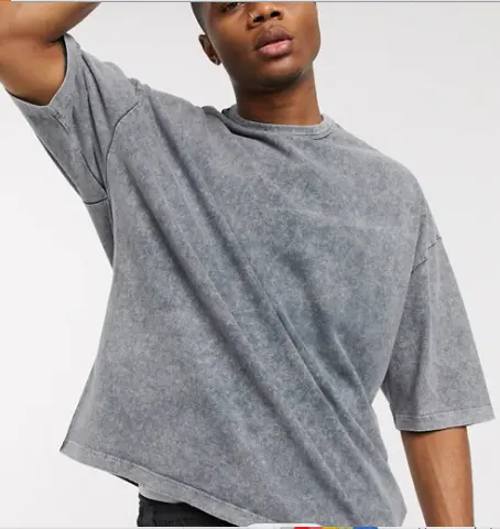 Men Bulk Raglan Sleeve Shirt Oversized with Half Heavyweight Gray Acid Wash 100% Cotton T-Shirt