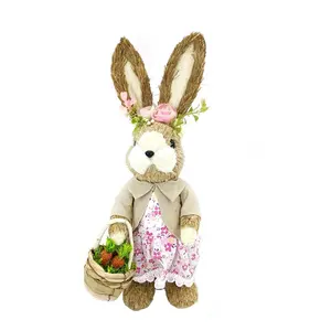 SYART China Supplier 14 Inch Customized Happy Straw Easter Bunny Home Festive Decoration Cheep Crafts