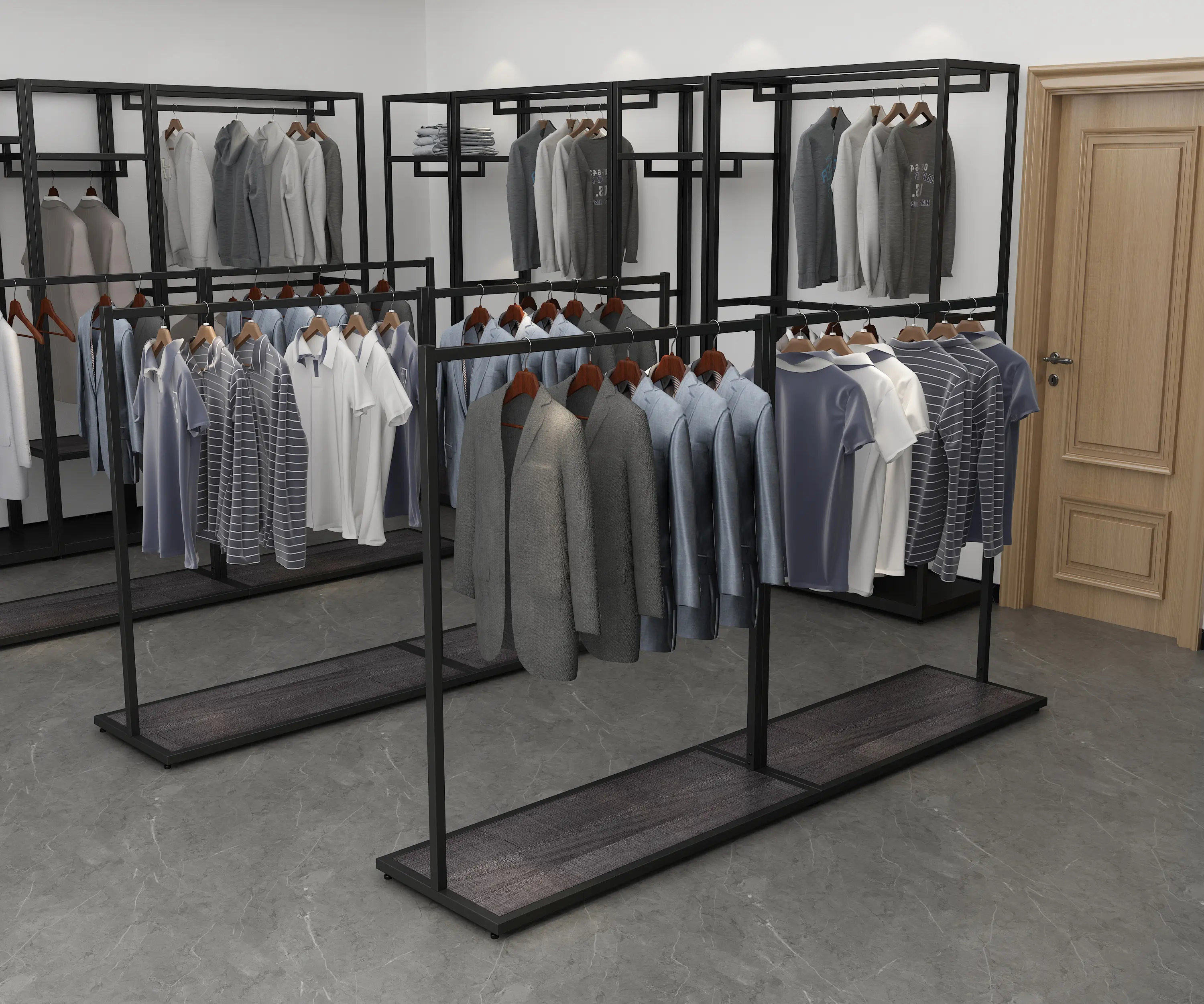 YIHE Customized Interior Design Fashion Retail Clothes Rack Clothing Shop Freestanding Garment Rack For Bottom Shelves