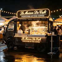 Camion de restauration mobile vintage noir personnalisé avec vitrine à mille-feuilles chauffée, station à mocha chaud pour marché nocturne