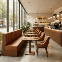 Ensemble de mobilier commercial sur mesure pour restaurant, banquette en cuir marron pour hôtel et bistro