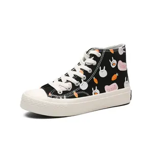 2022 new models lace up cute rabbit animal print high top sneaker cheap wholesale custom ladies women girl printed canvas shoes