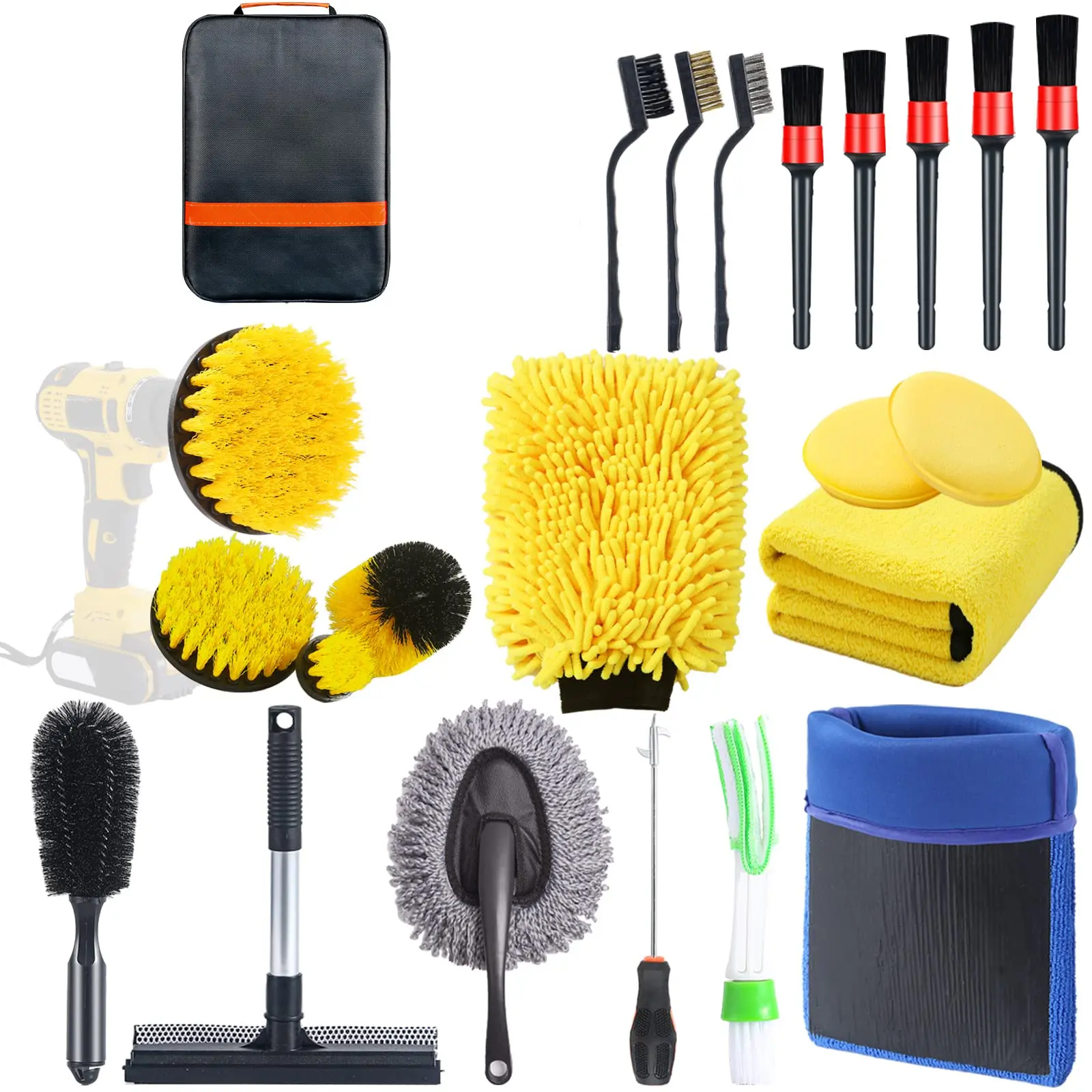 New 23Pcs Exterior Interior Car Wash Cleaning Tools Kit Drill Brush with Bag Car Wash Equipment