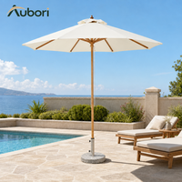 Parasol de terrasse commercial rond 3x3m avec base et mât imitation bois pour entrée de magasin, devanture de commerce, café et marché