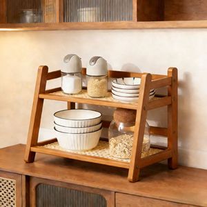 Doğal Bambu Çift Katlı Depolama Rafı, Havalandırmalı Delikli Raflar ve Sağlam A-Çerçeveli, Ev Ofisi İçin - Product Image 1