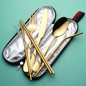 Batterie de cuisine en acier inoxydable pour camping en plein air cuillère fourchette baguettes brosse à paille 7 pièces batterie de cuisine ensemble portable avec boîte - Product Image 2